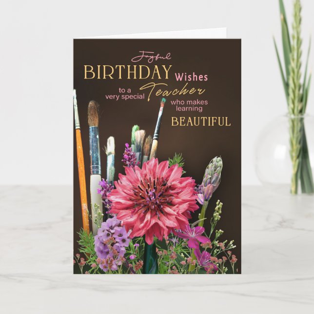 Floral Artist Teacher Birthday Card  paint brushes (Front)