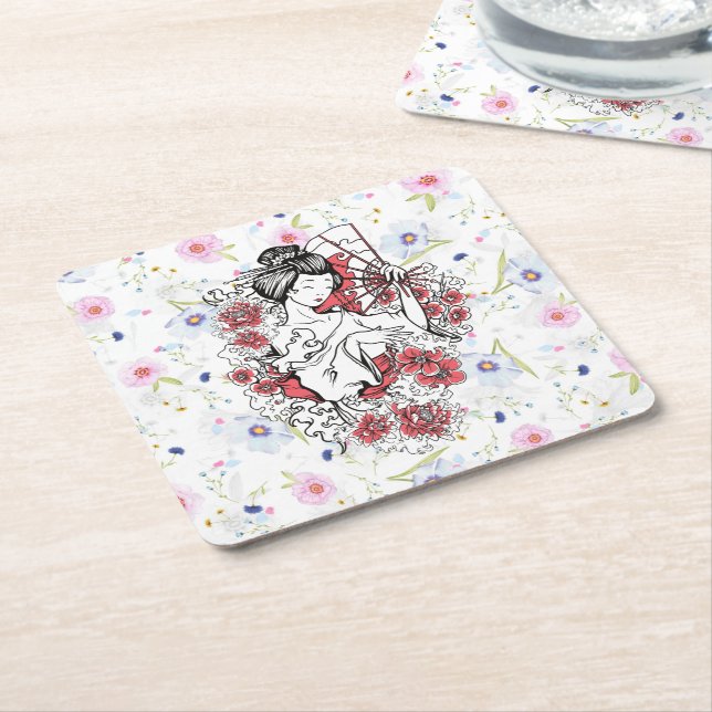 Floral asian square paper coaster (Angled)