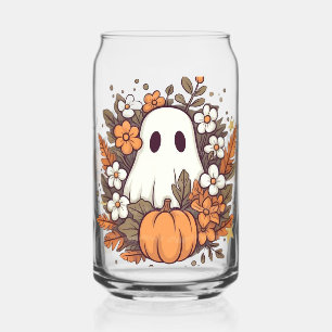 Floral Autumn Ghost & Pumpkin Illustration Can Glass