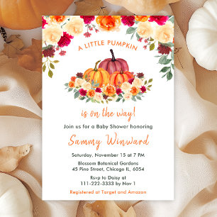 Floral Autumn Orange Pumpkins Baby Shower Invitation