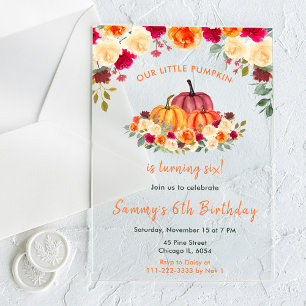 Floral Autumn Orange Pumpkins Birthday Party Acrylic Invitations