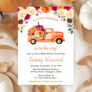 Floral Autumn Pumpkin Truck Baby Shower Invitation