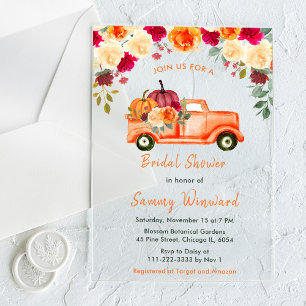 Floral Autumn Pumpkin Truck Bridal Shower Acrylic Invitations