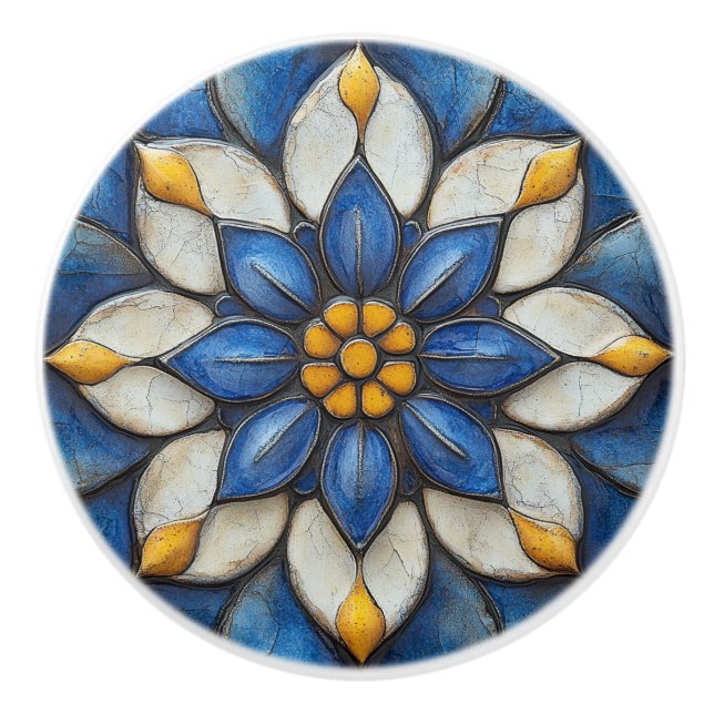 Floral Azulejo Blue White and Yellow Ceramic Knob (Front)