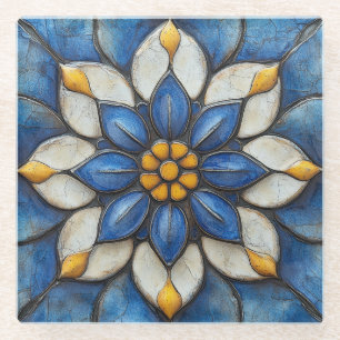 Floral Azulejo Blue White and Yellow Glass Coaster