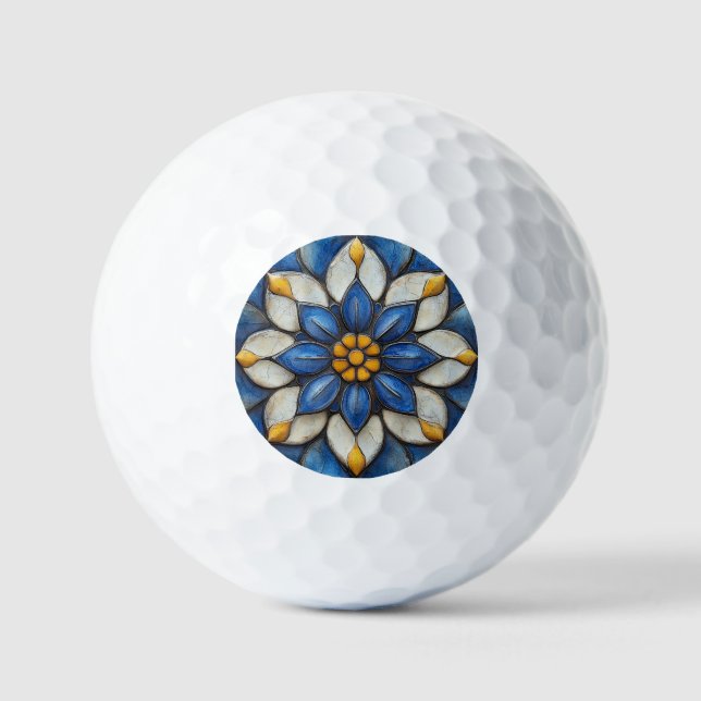 Floral Azulejo Blue White and Yellow Golf Balls (Front)