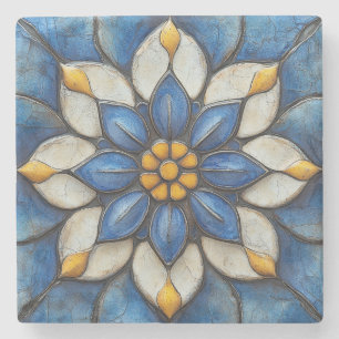 Floral Azulejo Blue White and Yellow Stone Coaster