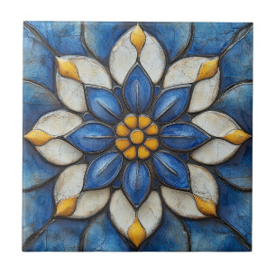 Floral Azulejo Blue White and Yellow Tile
