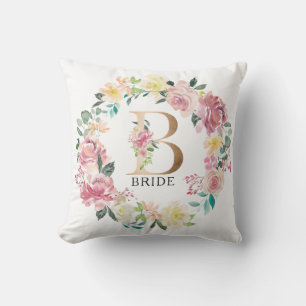 Floral B monogram and floral wreath Throw Pillow