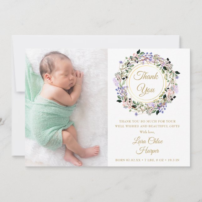 Floral Baby 2 Photo Gold Thank You Birth Announcement (Front)