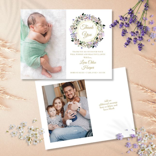 Floral Baby 2 Photo Gold Thank You Birth Announcement Postcard (Floral Baby 2 Photo Gold Thank You Birth Announcement Postcard)