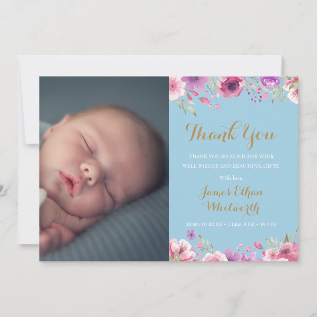 Floral Baby Boy Photo Script Thank You Pink Birth  Announcement (Front)