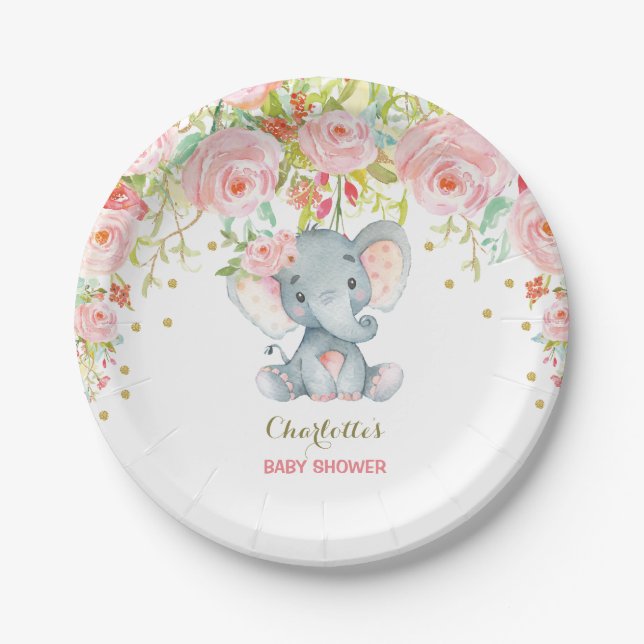 Floral Baby Elephant Pink Gold Birthday 7" Plate (Front)