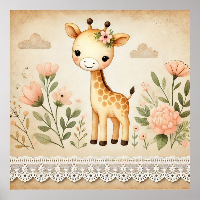 Floral Baby Giraffe Nursery Poster (Front)
