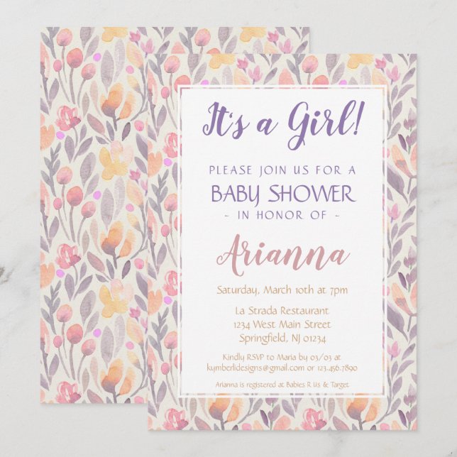 Floral Baby Girl Shower Invitation (Front/Back)
