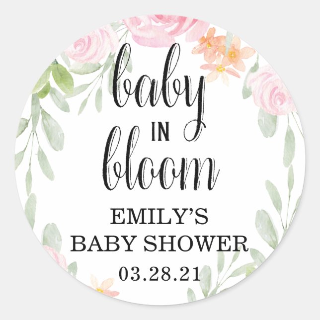 Floral Baby in Bloom Stickers, Baby Shower Favour Classic Round Sticker (Front)