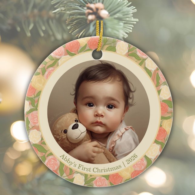 Floral Baby’s First Christmas Custom Ornament  (Watercolor Rose Personalized Baby's First Christmas Ornament)