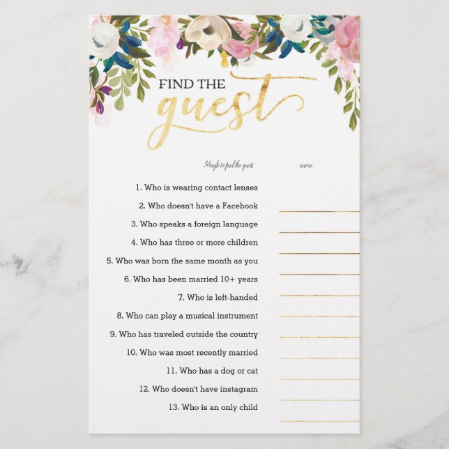 Floral Baby Shower Find the Guest Icebreaker Game (Front)