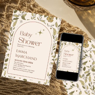 Floral baby shower invitation, green bohemian invitation