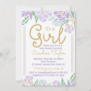 Floral Baby Shower Invitation purple and gold