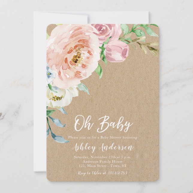 Floral Baby shower kraft rustic Invitation (Front)