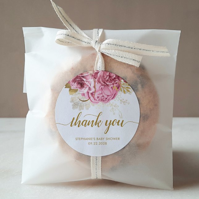 Floral Baby Shower Pink Gold Thank You Classic Round Sticker (Creator Uploaded)