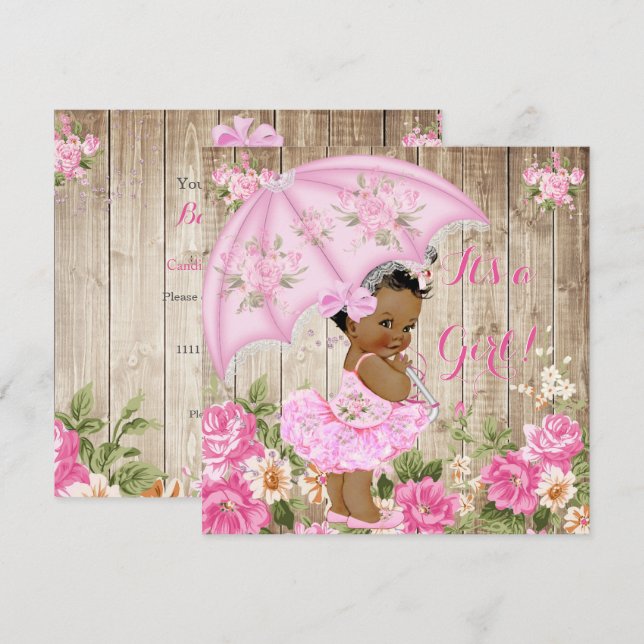 Floral Baby Shower Pink Rustic Wood Girl Ethnic Invitation (Front/Back)