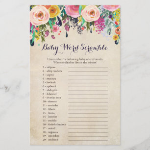 Floral Baby Shower Word Scramble Game Cards