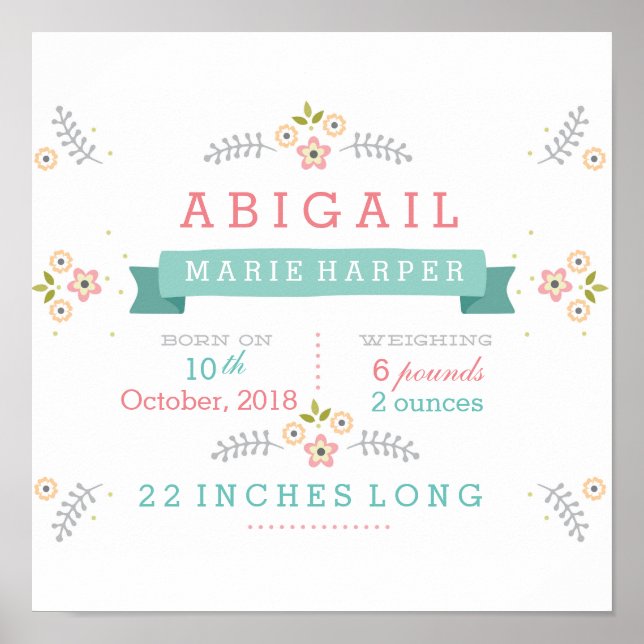 Floral Baby Stats Poster (Front)