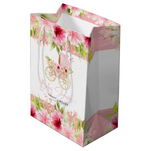 Floral Baby Stroller Baby Shower Typography Medium Gift Bag