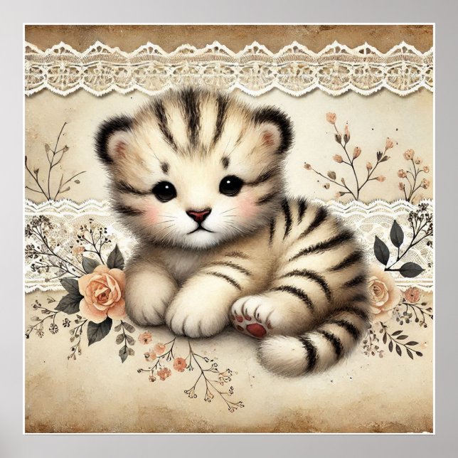 Floral Baby Tiger Nursery Poster (Front)