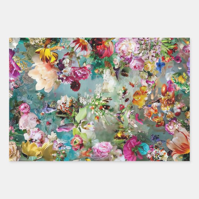 Floral Background Multi Colored Teal Wrapping Paper Sheet (Front)