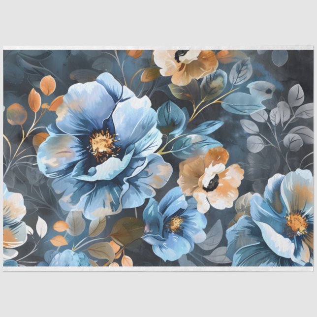 Floral Background of Blue Peach Colours Decoupage Tissue Paper (Front)