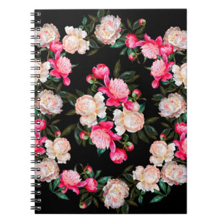 Floral background. Peonies pink and white on a dar Notebook