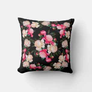Floral background. Peonies pink and white on a dar Throw Pillow
