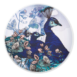 Floral Background with Peacocks Ceramic Knob