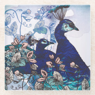 Floral Background with Peacocks Glass Coaster