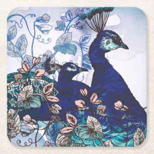 Floral Background with Peacocks Square Paper Coaster