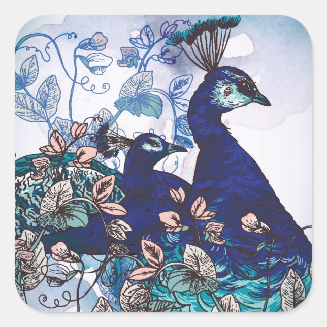 Floral Background with Peacocks Square Sticker (Front)