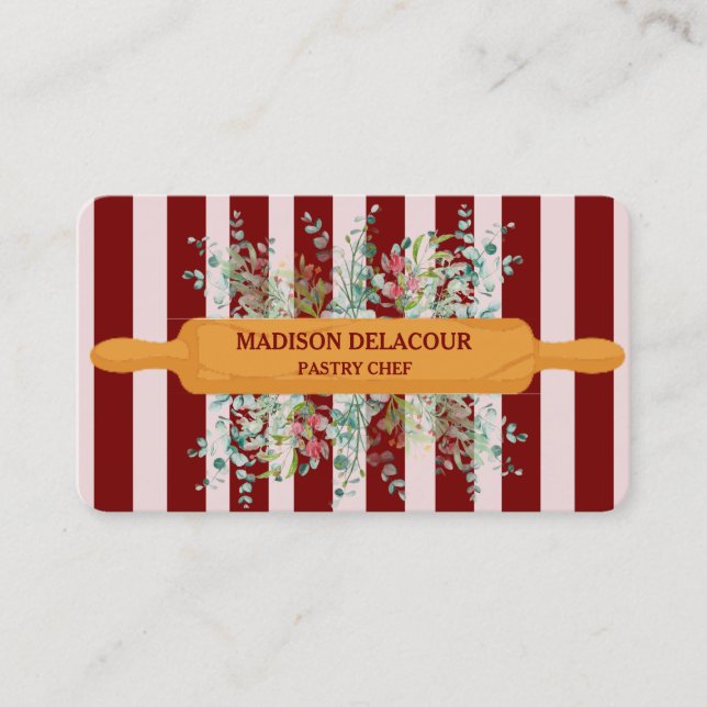 Floral Bakery Patisserie stripe burgundy QR CODE Business Card (Front)
