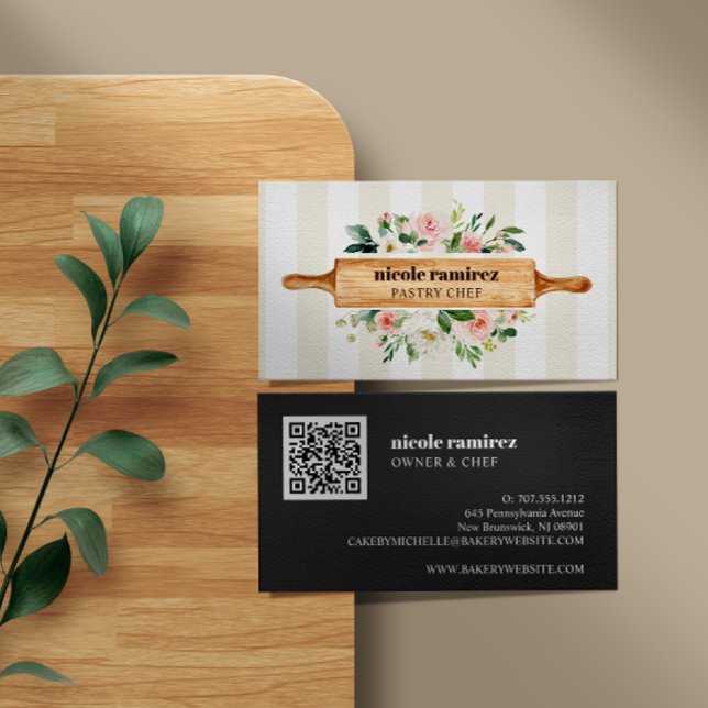 Floral Bakery Rolling Pin Patisserie QR CODE Busin Business Card (Creator Uploaded)