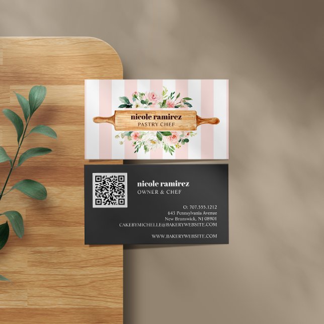 Floral Bakery Rolling Pin Patisserie QR CODE Business Card (Creator Uploaded)