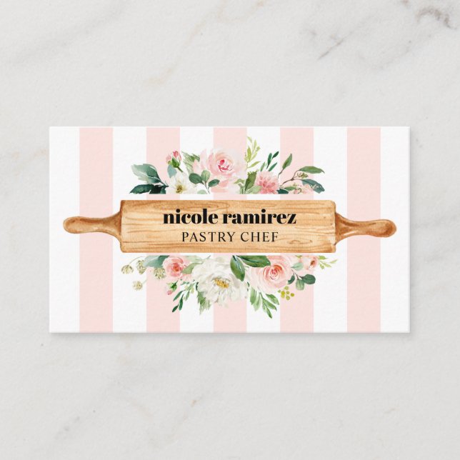 Floral Bakery Rolling Pin Patisserie social media Business Card (Front)