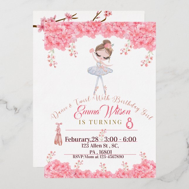 Floral Ballerina Birthday Invitation For Girls  (Front/Back)