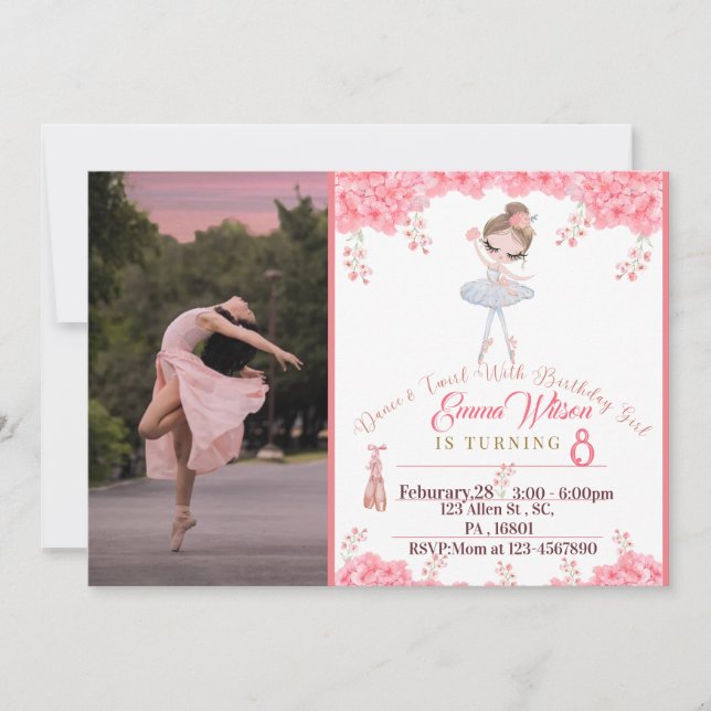 Floral Ballerina Birthday Invitation For Girls (Front)