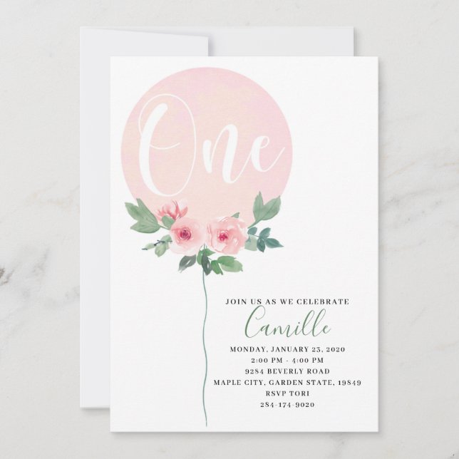 Floral Balloon Birthday Girl Invitation (Front)