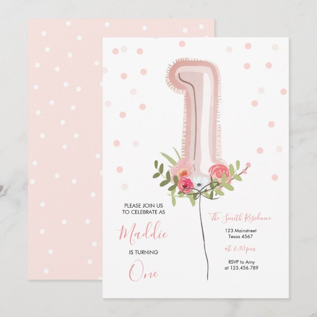 Floral Balloon First Birthday Invitation Pink Girl (Front/Back)