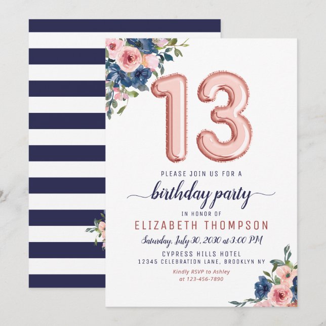 Floral Balloon Rose Gold Blush Navy 13th Birthday Invitation (Front/Back)