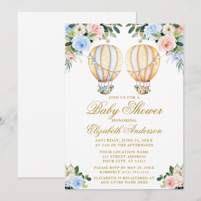 Floral Balloons Boy Girl Twins Baby Shower Invitation (Front/Back)