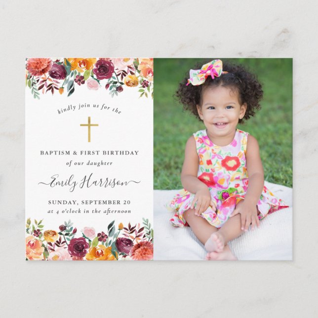 Floral Baptism 1st Birthday Photo Invitation Postcard (Front)